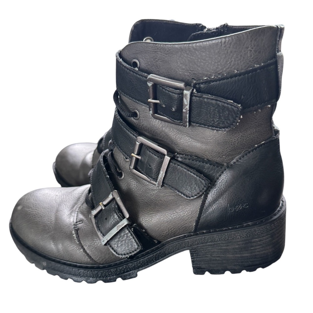 b.o.c. Womens 9M Grey Black Triple Buckle Combat Moto Boots biker goth two tone
